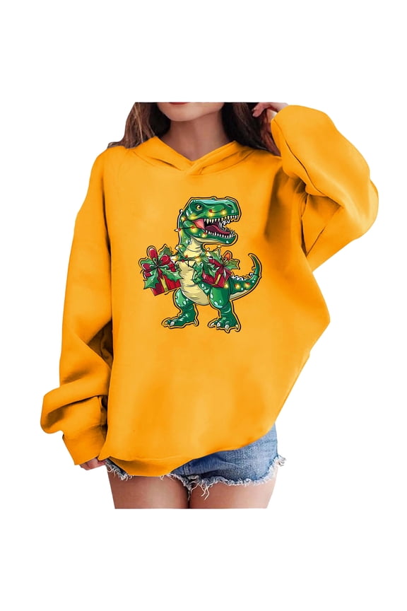 Christmas Sweaters for Kids Girls Boys Dinosaur Hoodies Long Sleeve Pullover Drop Shoulder Cute Tops Yellow