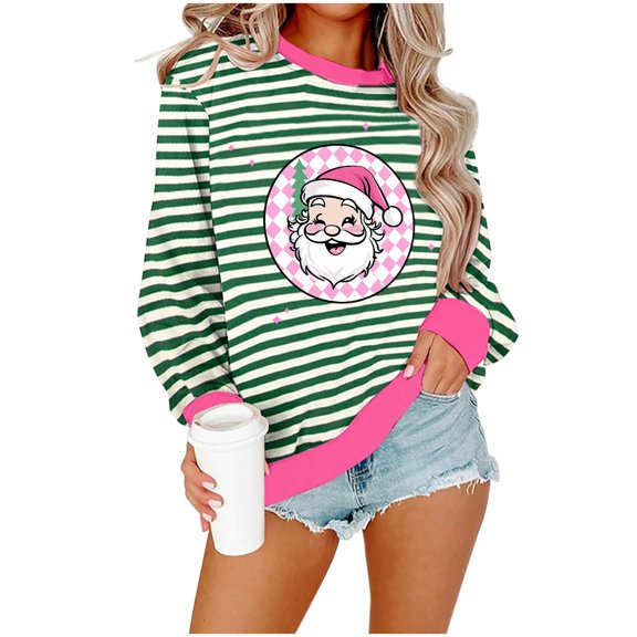 Lorytime Christmas Sweatshirt for Women Crewneck Santa Claus Stripes Shirt Long Sleeve Pullover Drop Shoulder Tops