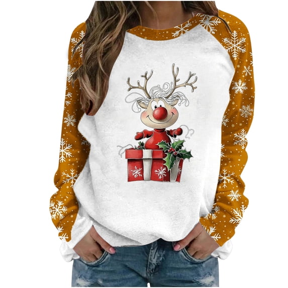 Lorytime Christmas Sweatshirt for Women Fall Reindeer Print Shirt Crew Neck Long Sleeve Pullover Loose Tops