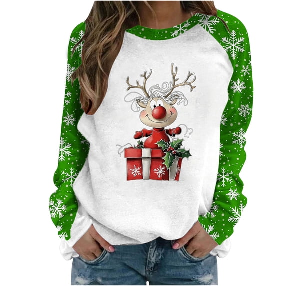 Lorytime Christmas Sweatshirt for Women Fall Reindeer Print Shirt Crew Neck Long Sleeve Pullover Loose Tops