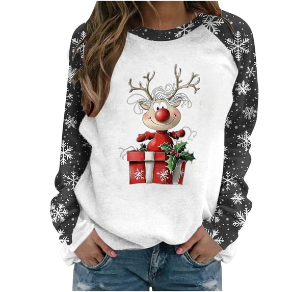 Lorytime Christmas Sweatshirt for Women Fall Reindeer Print Shirt Crew Neck Long Sleeve Pullover Loose Tops