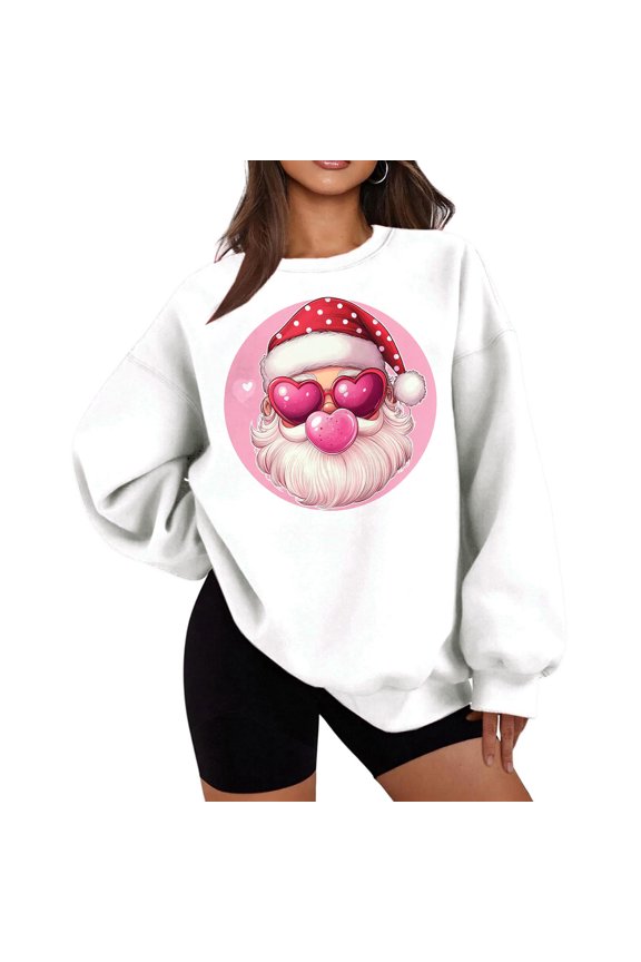 Christmas Sweatshirts for Women Santa Claus Print Plush Shirt Crew Neck Long Sleeve Pullover Loose Tops