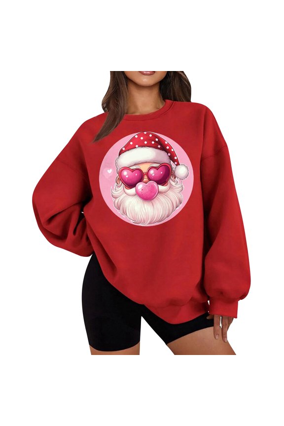 Christmas Sweatshirts for Women Santa Claus Print Plush Shirt Crew Neck Long Sleeve Pullover Loose Tops
