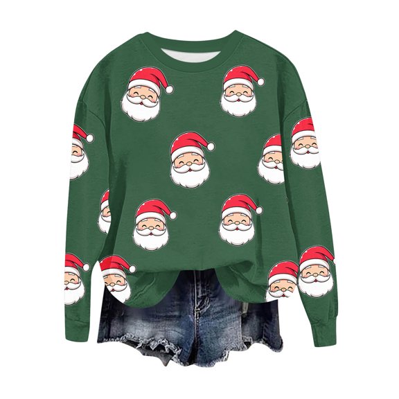 Lorytime Christmas Sweatshirts for Women Santa Claus Print Shirt Crew Neck Long Sleeve Pullover Drop Shoulder Tops