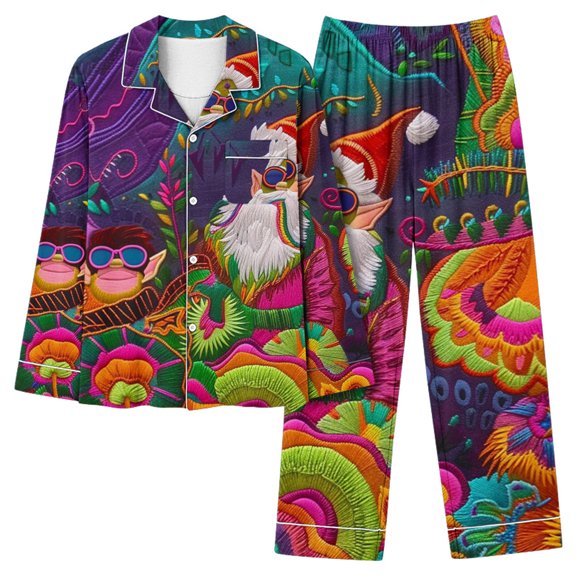 Lorytime Christmas Vacation Pjs Sets for Women Santa Claus Long Sleeved Collared Tops Elastic Waist Pants Soft Sleepwear