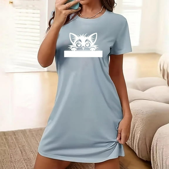 Lorytime Comfortable Womens Pajamas Dresses Knee Length Short Sleeve Nightgowns Oversized Crewneck Cute Nightshirts Pajamas Dress Nightdress Soft Lounge Sleepdress Blue M