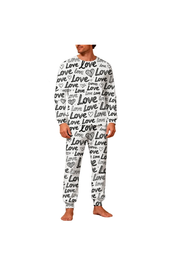 Couples Pjs Matching Sets Valentines Heart Crewneck Pullover with Pockets and Trousers Men Loungewear