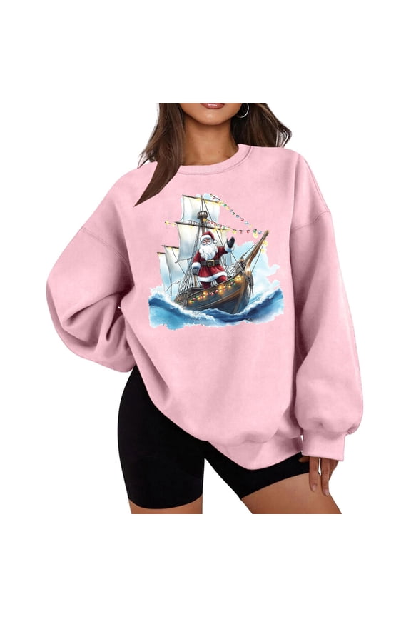 Crew Neck Sweatshirts Wome Christmas Santa Claus Print Plush Shirt Long Sleeve Pullover Loose Tops