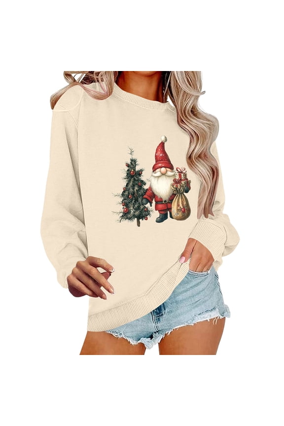 Crew Neck Sweatshirts Wome Christmas Santa Claus Print Shirt Long Sleeve Pullover Loose Tops for Festive