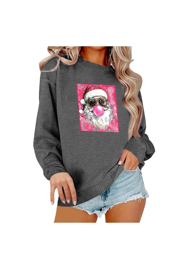 Crew Neck Sweatshirts Wome Christmas Santa Claus Print Shirt Long Sleeve Pullover Loose Tops for Festive