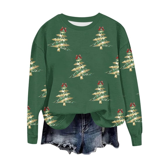 Lorytime Crew Neck Sweatshirts Women Christmas Tree Print Shirt Long Sleeve Pullover Drop Shoulder Tops for Holiday