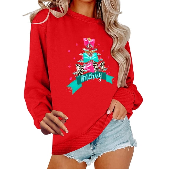 Lorytime Crewneck Sweatshirts Women Christmas Tree Print Shirt Long Sleeve Pullover Loose Tops for Festive