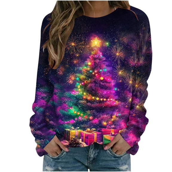 Lorytime Crewneck Sweatshirts Women Christmas Tree Print Shirt Long Sleeve Pullover Loose Tops for Holiday