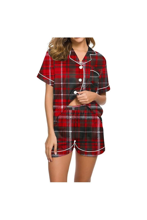 Cute Christmas Pjs Sets for Women Plaid Short Sleeved Collared Button Down Shirt Sleep Shorts Cozy Loungewear Gift