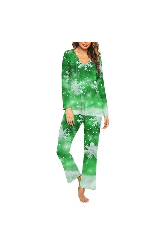 Cute Christmas Pjs Sets for Women Snowflakes Long Sleeved V-Neck Tops Elastic Waist Pants Casual Loungewear