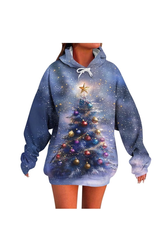 Cute Hoodies for Women Christmas Tree Print Sweatshirt Crew Neck Long Sleeve Pullover Loose Tops for Holiday