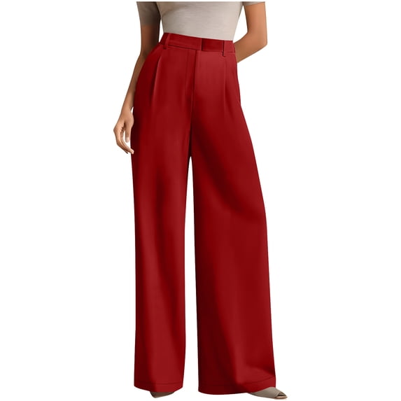 Lorytime Dress Pants Women Straight Leg Button Work Pants High Waisted Trousers with Pockets Casual Clothes Red M