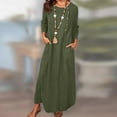 thumbnail image 1 of Lorytime Dresses for Women Cotton Summer Plain Ankle Length Long Dress Elbow Sleeve Flowy Cotton Linen Maxi Dress Crewneck Holiday Dress Button Resortwear Daily Dress Green S, 1 of 7