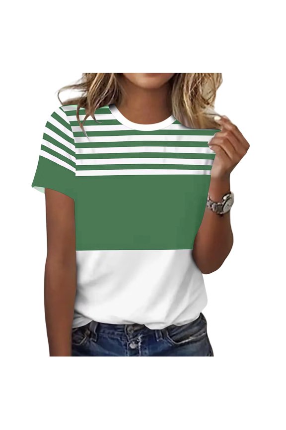Dressy Shirts for Women Crew Neck Shirt Short Sleeve Summer Tops Stripe Loose Casual Outfit Green 2XL