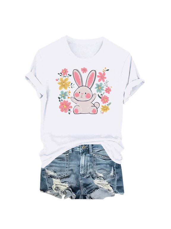 Easter Plus Size Tshirts for Women Short Sleeve Shirt Crew Neck Basic Tee Bunny Loose Casual Clothes White 3XL
