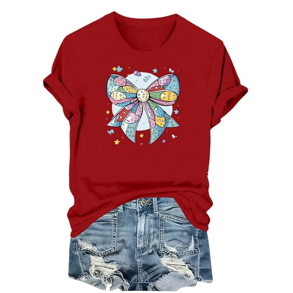 Lorytime Easter Womens Shirts Dressy Casual Short Sleeve Shirt Crew Neck Casual Summer Tee Bow Loose Basic Outfit Red L