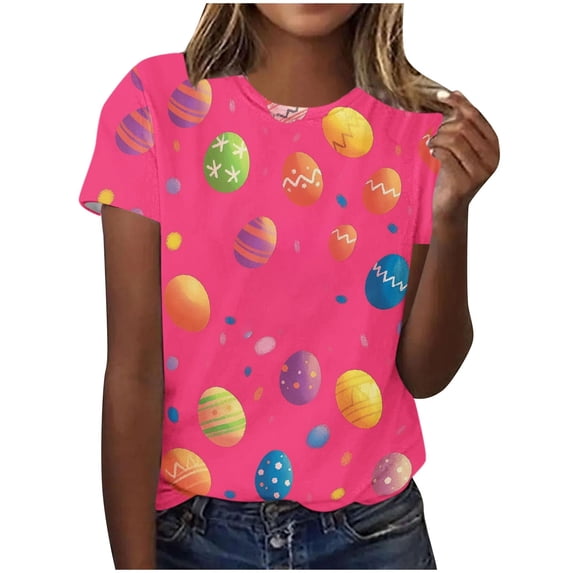 Lorytime Easter Womens T Shirts Short Sleeve Shirt Crew Neck Trendy Tee Easter Egg Loose Casual Outfit Hot Pink M