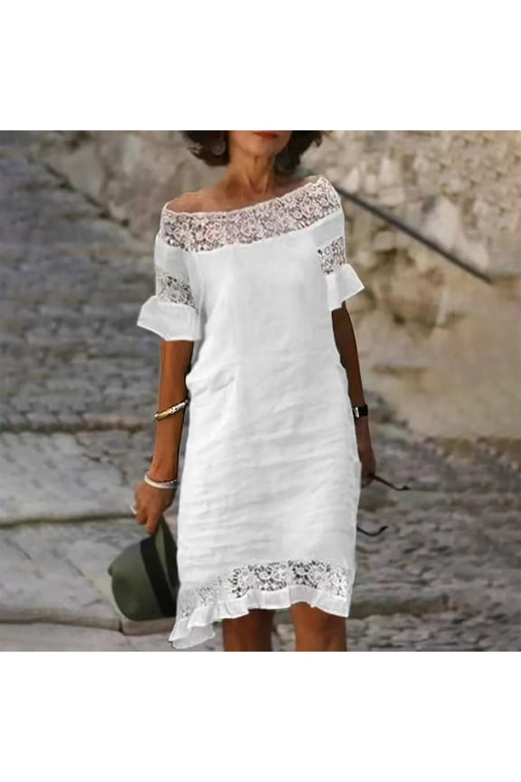 Evening Dresses for Women Midi Elegant Summer Plain Midi Dress Short Sleeve Flowy Mid Length Dress Off Shoulder Neck Lace Patchwork Holiday Dress Plus Size White XL