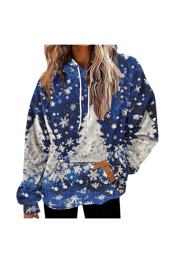 Fleece Hoodies for Women Christmas Tree Print Sweatshirt Long Sleeve Pullover with Pocket Loose Tops