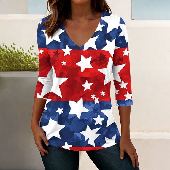 Lorytime Fourth of July Outfit Women Red White and Blue T Shirts Patriotic Graphic Clothes V Neck Holidays Wear 3-Red M