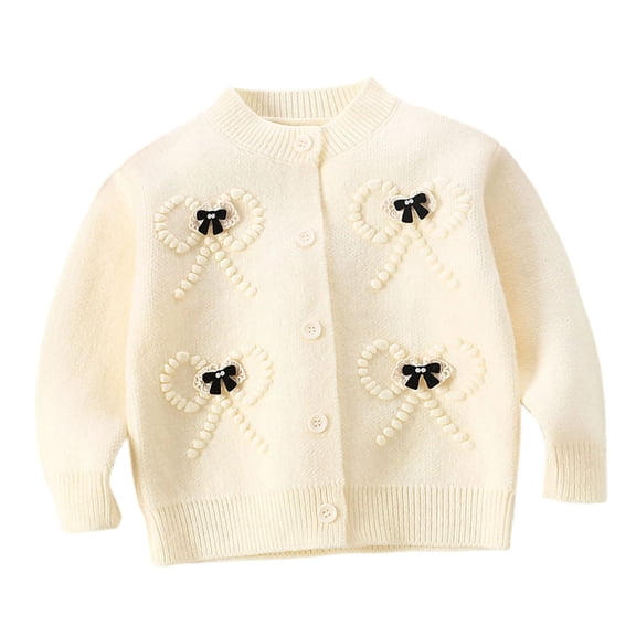 Lorytime Girls Cardigan Sweater size 4-6 Kids Bow Tops Button Crewneck Long Sleeve Knitwear Spring Outwear Beige 130