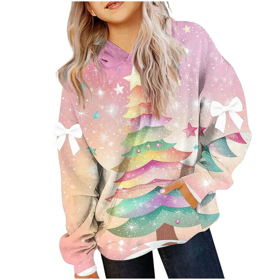 Lorytime Girls Hoodies with Pockets Unisex Christmas Tree Bow Sweatshirt Long Sleeve Tops Drop Shoulder Pullover Pink 110