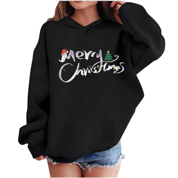 Lorytime Girls Sweatshirts with Hoodie Boys Merry Christmas Sweatshirt Long Sleeve Pullover Drop Shoulder Cute Tops Black