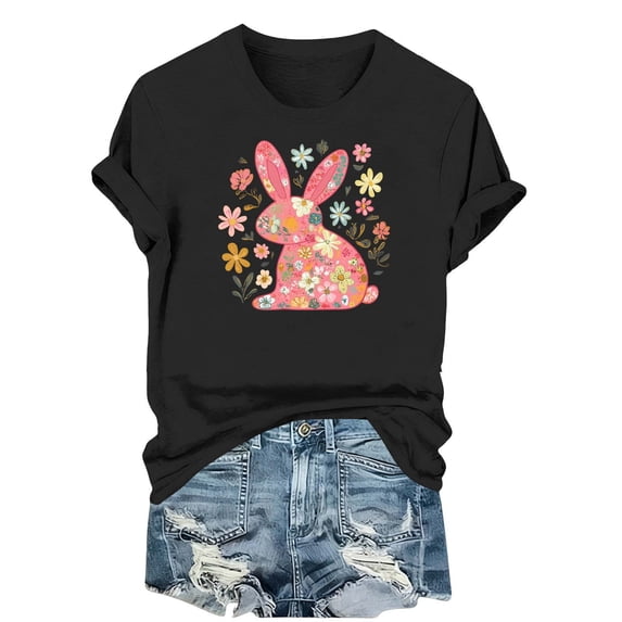 Lorytime Hawaiian Shirts for Women Easter Crew Neck Shirt Short Sleeve Basic Tops Bunny Loose Casual Outfit Black 3XL