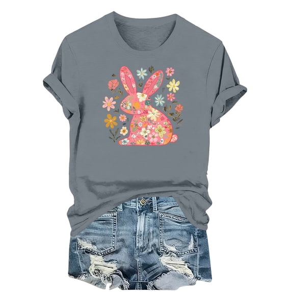 Lorytime Hawaiian Shirts for Women Easter Crew Neck Shirt Short Sleeve Basic Tops Bunny Loose Casual Outfit Gray 3XL