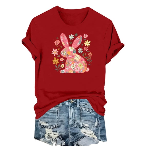 Lorytime Hawaiian Shirts for Women Easter Crew Neck Shirt Short Sleeve Basic Tops Bunny Loose Casual Outfit Red M