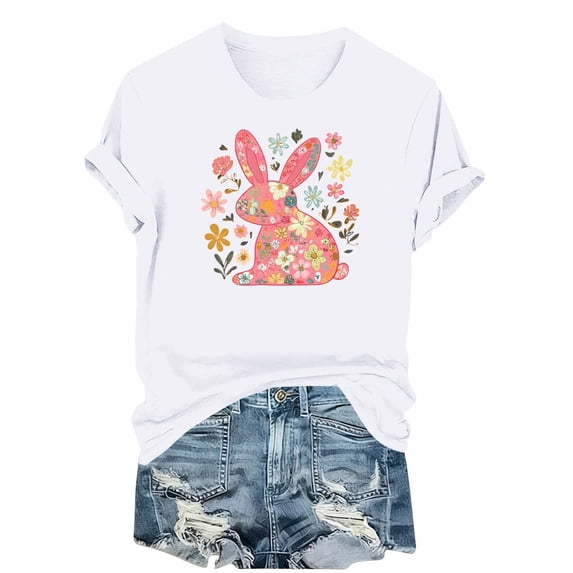 Lorytime Hawaiian Shirts for Women Easter Crew Neck Shirt Short Sleeve Basic Tops Bunny Loose Casual Outfit White 2XL