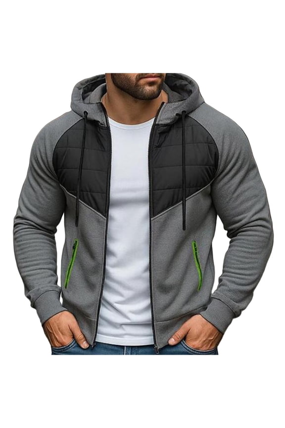 Hooded Sweatshirt Men Zippered Solid Cardigan Hoodies Long Sleeve Drawstring Tops Outerwear Gray M