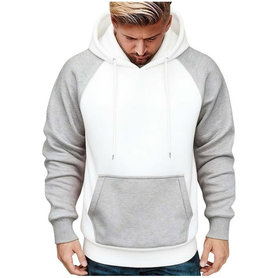 Lorytime Hoodies Men Graphic Color Block Fleece Sweatshirt Long Sleeve Drawstring Raglan Pullover with Pocket Tops White