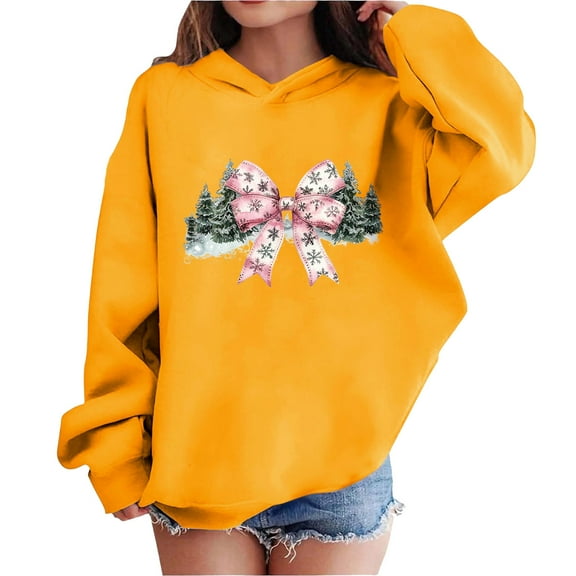 Lorytime Hoodies for Girls with Bows Boys Christmas Sweatshirt Long Sleeve Tops Drop Shoulder Cute Pullover Yellow 7 Years