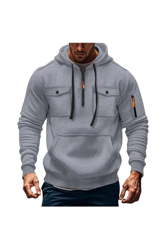 Hoodies for Men Half Zip Solid Training Sweatshirt Long Sleeve Drawstring Pullover with Pocket Tops Gray L