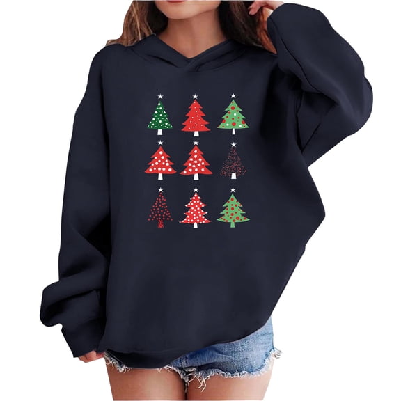 Lorytime Hoodies for Teen Girls Boys Christmas Tree Sweatshirt Long Sleeve Tops Drop Shoulder Festive Pullover Blue