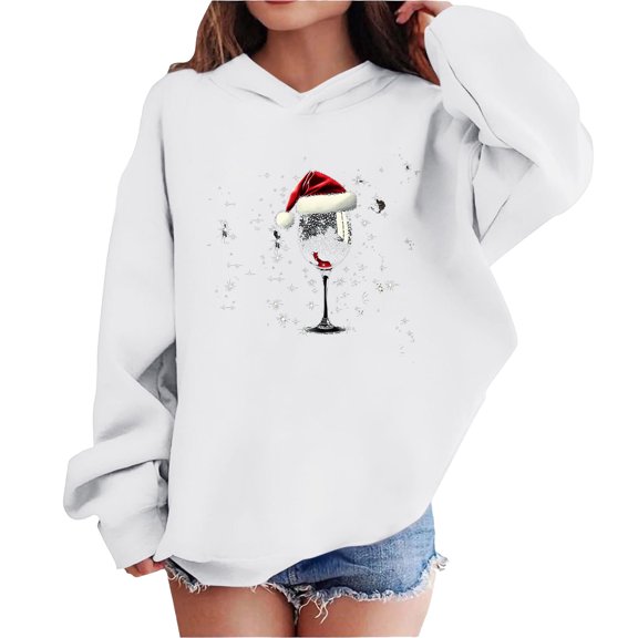 Lorytime Hoodies for Teen Girls Oversized Boys Christmas Red Wine Glass Sweatshirt Long Sleeve Pullover Drop Shoulder Tops