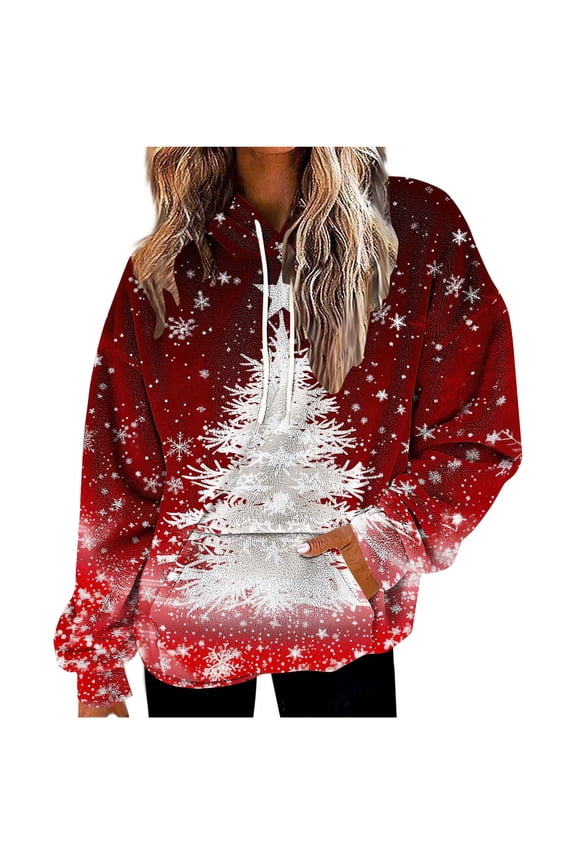 Hoodies for Women Fleece Christmas Tree Print Sweatshirt Long Sleeve Pullover with Pocket Loose Tops