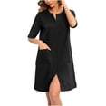 thumbnail image 1 of Lorytime House Dresses for Women with Zipper Knee Length 3/4 Sleeve Nightgowns Round Neck Solid Sleepshirts Pajamas Dress with Pockets Nightdress Soft Lounge Sleepdress Black 2XL, 1 of 8