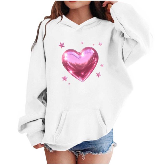 Lorytime Kid Cute Hoodies for Teen Girls Trendy Long Sleeve Sweatshirts Heart Valentine Pullover with Pocket Pullover