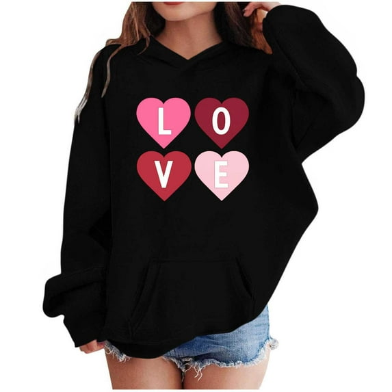 Lorytime Kid Vintage Hoodies for Girl Letters Long Sleeve Crewneck Sweatshirts Heart Pullover with Pocket Loose Tops