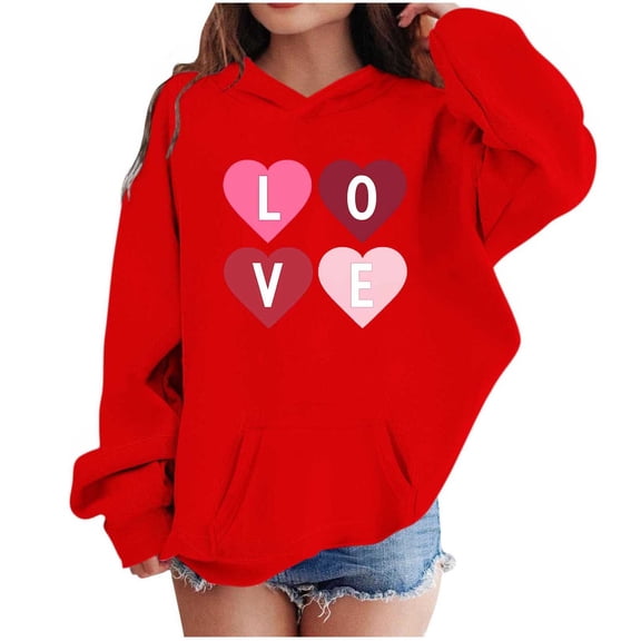 Lorytime Kid Vintage Hoodies for Girl Letters Long Sleeve Crewneck Sweatshirts Heart Pullover with Pocket Loose Tops