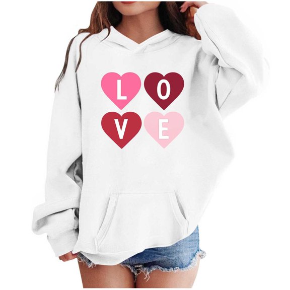 Lorytime Kid Vintage Hoodies for Girl Letters Long Sleeve Crewneck Sweatshirts Heart Pullover with Pocket Loose Tops