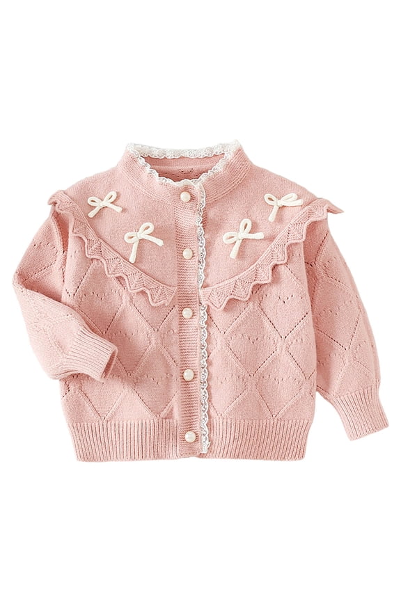 Kids Girls Button Down Cardigan Lace Ruffle Collar Bow Knitted Sweater Long Sleeve Tops Soild Knitwear 4 Years