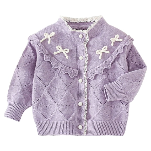 Lorytime Kids Girls Button Down Cardigan Lace Ruffle Collar Bow Knitted Sweater Long Sleeve Tops Soild Knitwear 5 Years